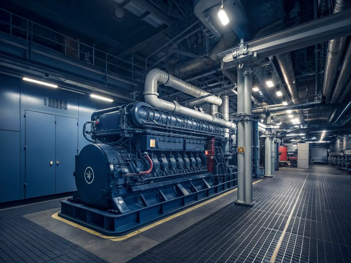 Marine engine room with large diesel engines and industrial machinery