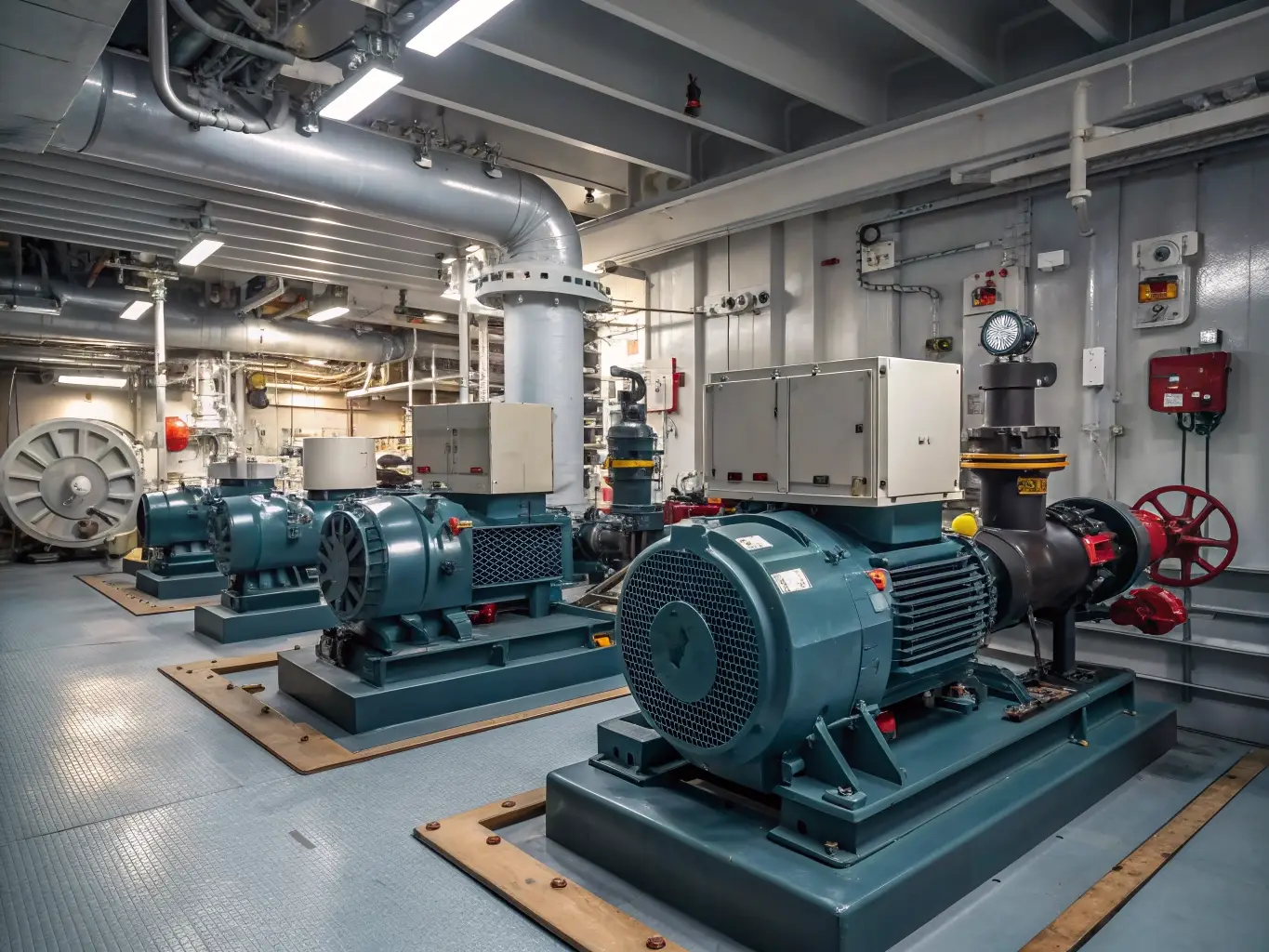 Marine engine room equipment, pumps and compressors
