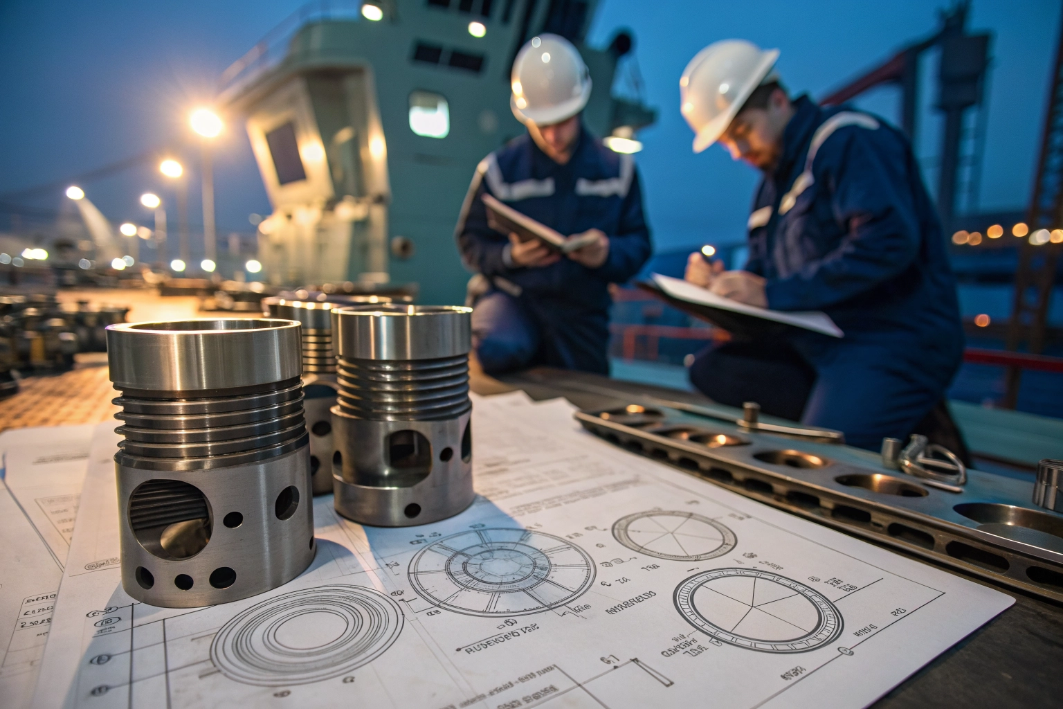 Marine engine spare parts on a technical drawing